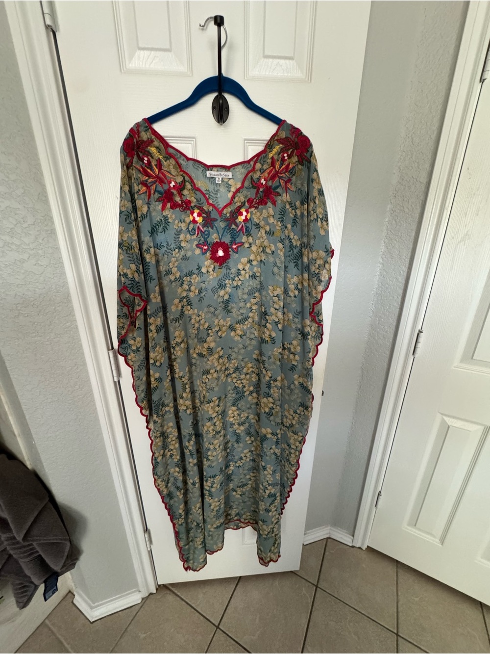 Embroidered Floral Maxi Caftan Dress in Teal with Red Accents